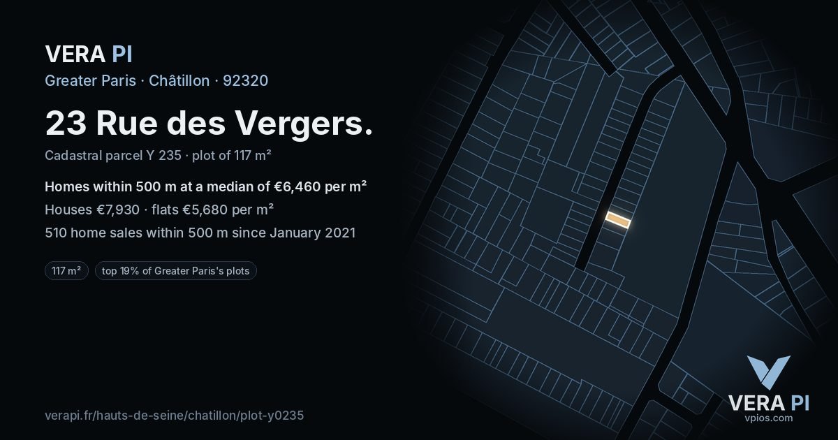 23 Rue des Vergers, Châtillon at night – the plot lit, the parcels around coloured by the prices near them
