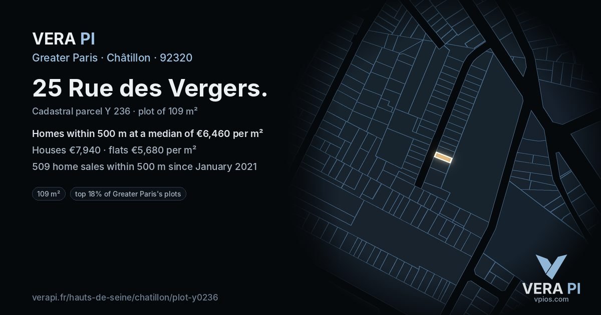 25 Rue des Vergers, Châtillon at night – the plot lit, the parcels around coloured by the prices near them