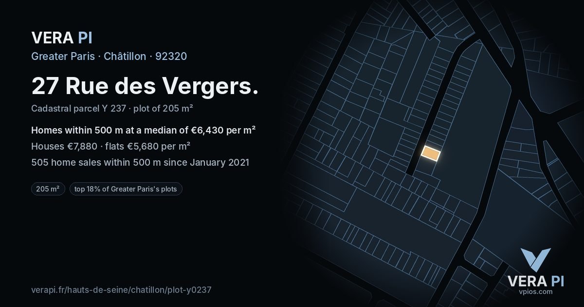 27 Rue des Vergers, Châtillon at night – the plot lit, the parcels around coloured by the prices near them