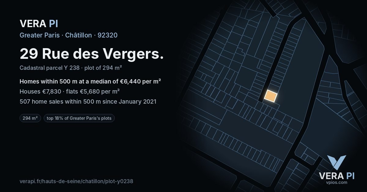 29 Rue des Vergers, Châtillon at night – the plot lit, the parcels around coloured by the prices near them