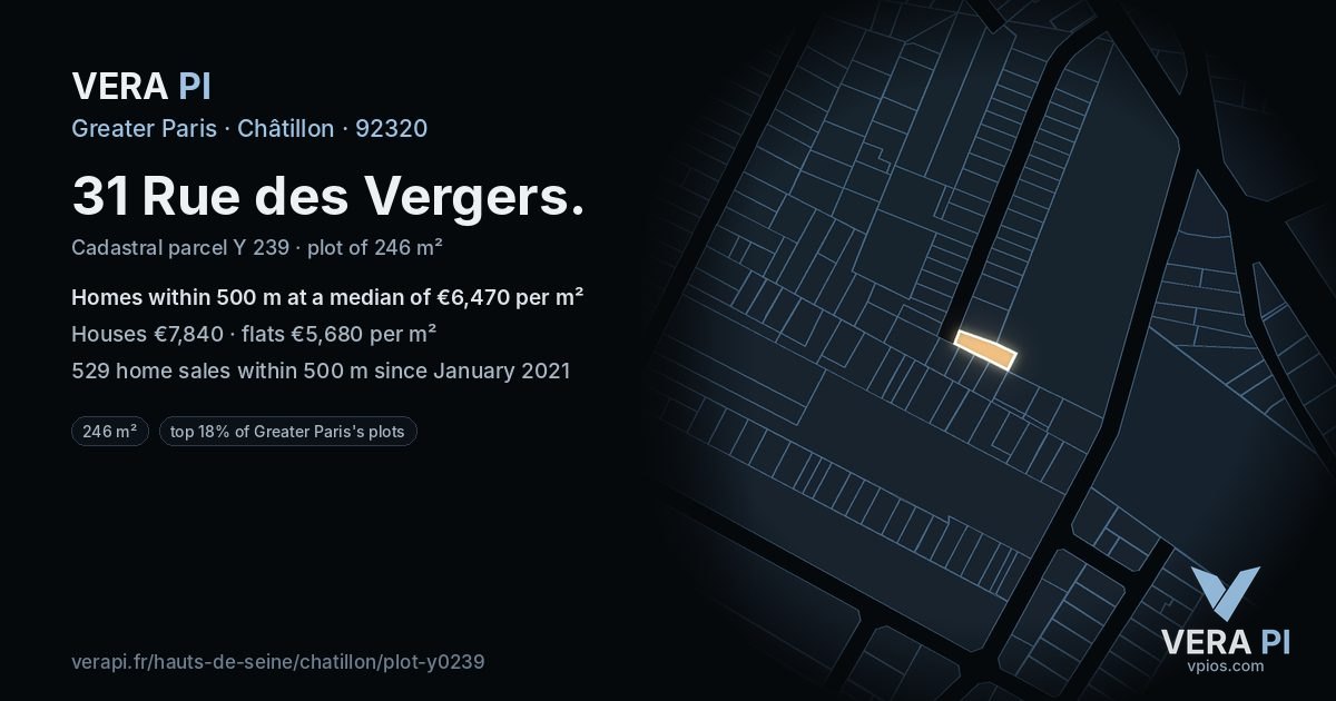 31 Rue des Vergers, Châtillon at night – the plot lit, the parcels around coloured by the prices near them