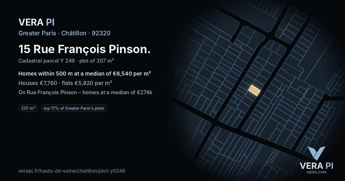 15 Rue François Pinson, Châtillon at night – the plot lit, the parcels around coloured by the prices near them