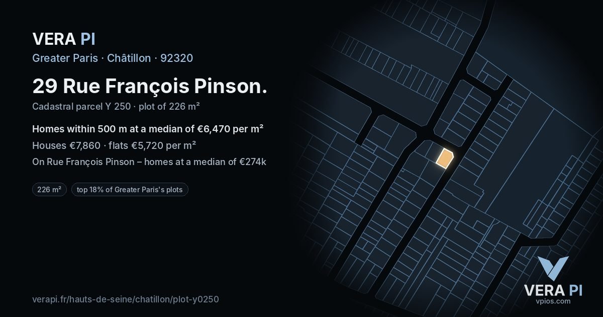 29 Rue François Pinson, Châtillon at night – the plot lit, the parcels around coloured by the prices near them