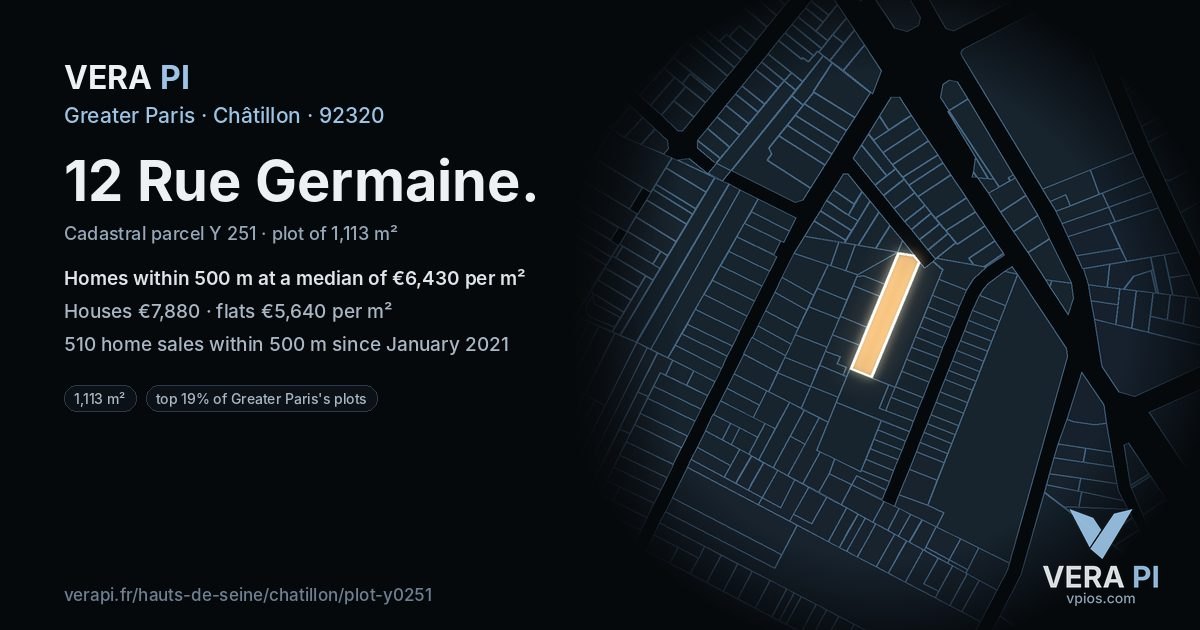 12 Rue Germaine, Châtillon at night – the plot lit, the parcels around coloured by the prices near them