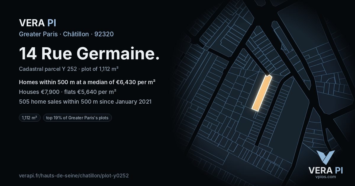 14 Rue Germaine, Châtillon at night – the plot lit, the parcels around coloured by the prices near them