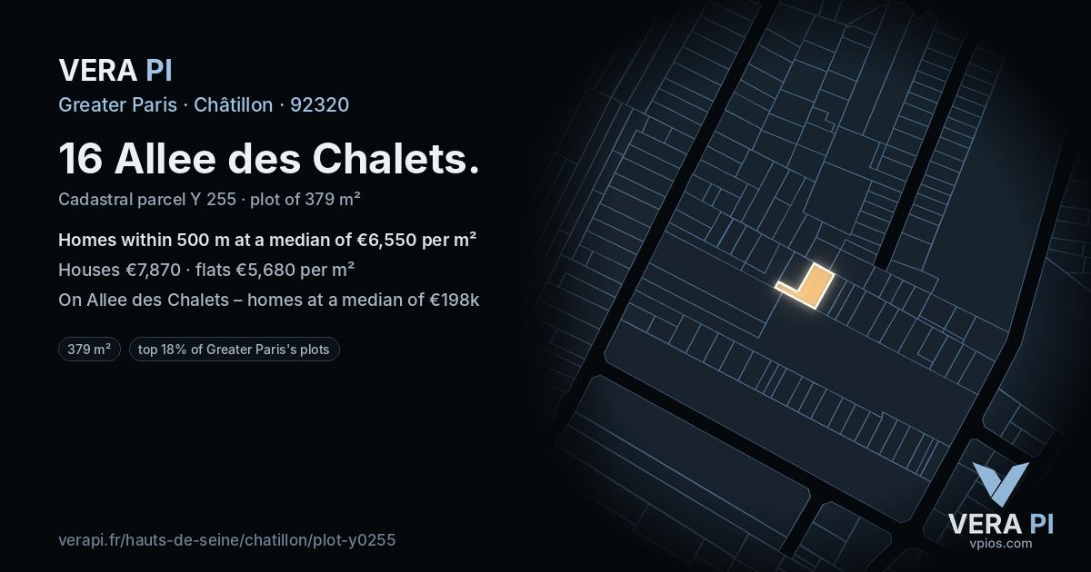 16 Allee des Chalets, Châtillon at night – the plot lit, the parcels around coloured by the prices near them