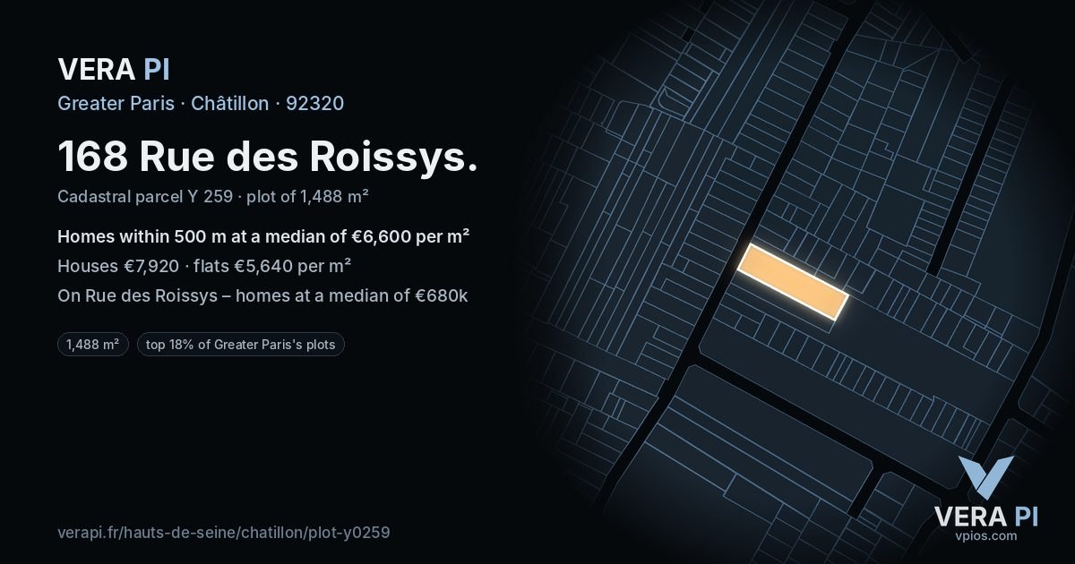 168 Rue des Roissys, Châtillon at night – the plot lit, the parcels around coloured by the prices near them