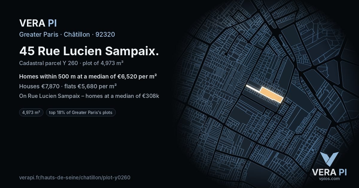 45 Rue Lucien Sampaix, Châtillon at night – the plot lit, the parcels around coloured by the prices near them