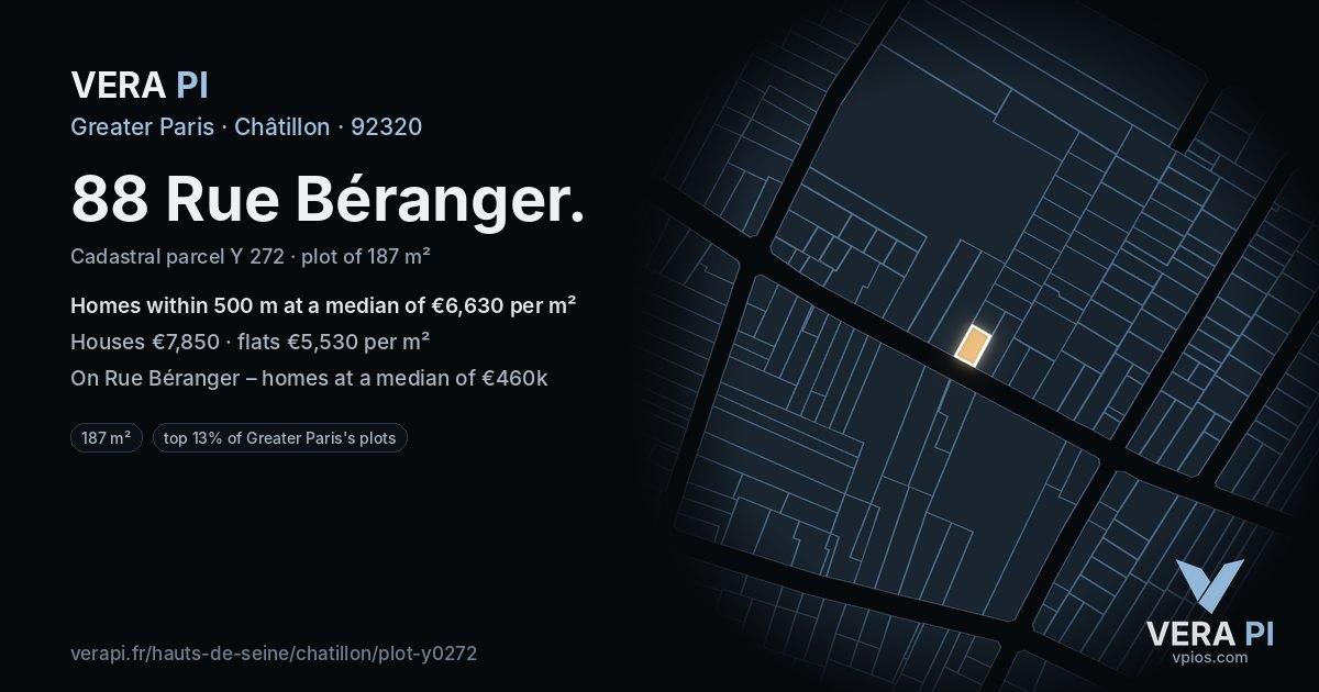 88 Rue Béranger, Châtillon at night – the plot lit, the parcels around coloured by the prices near them