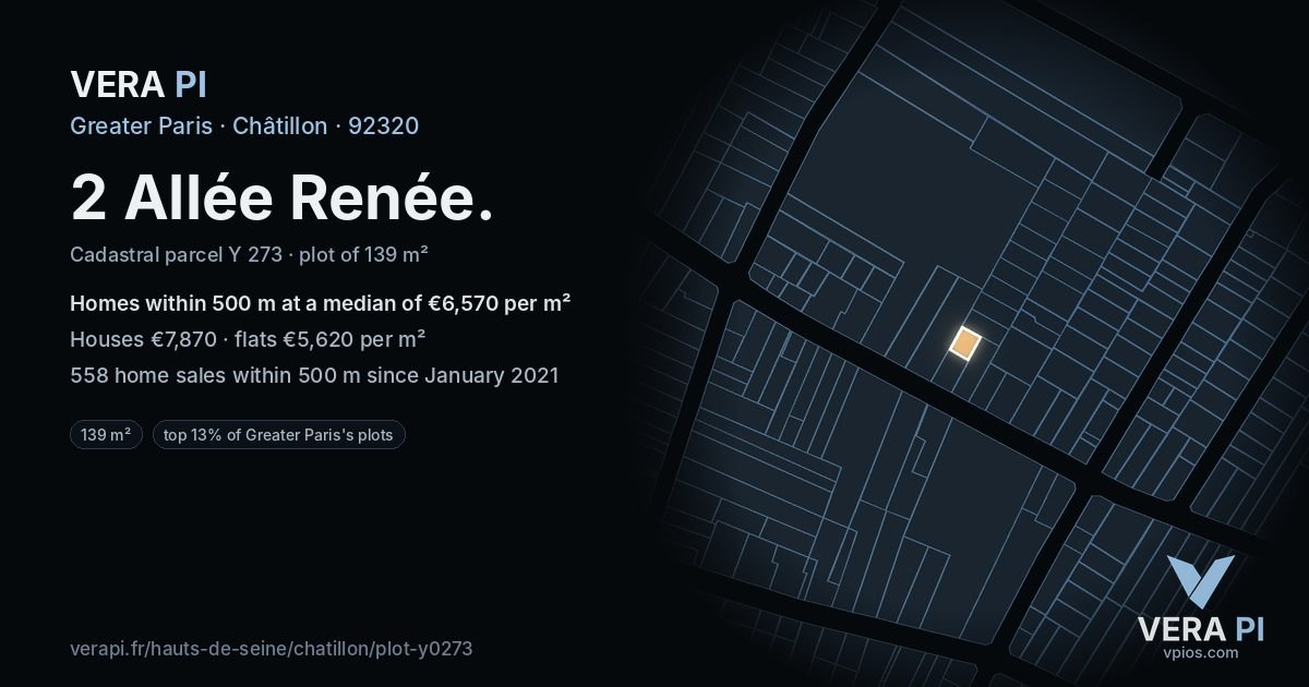 2 Allée Renée, Châtillon at night – the plot lit, the parcels around coloured by the prices near them