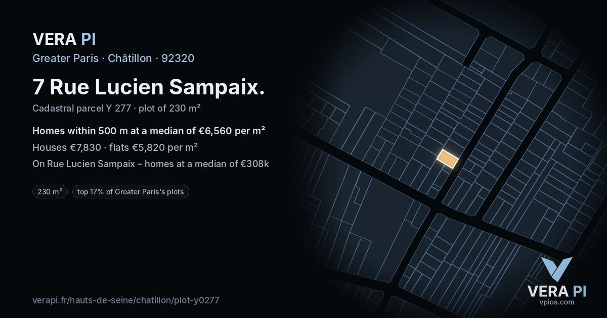 7 Rue Lucien Sampaix, Châtillon at night – the plot lit, the parcels around coloured by the prices near them