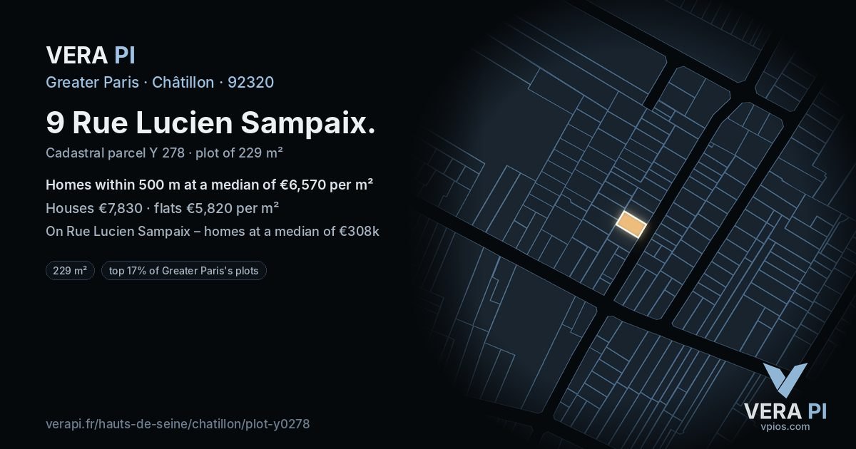 9 Rue Lucien Sampaix, Châtillon at night – the plot lit, the parcels around coloured by the prices near them