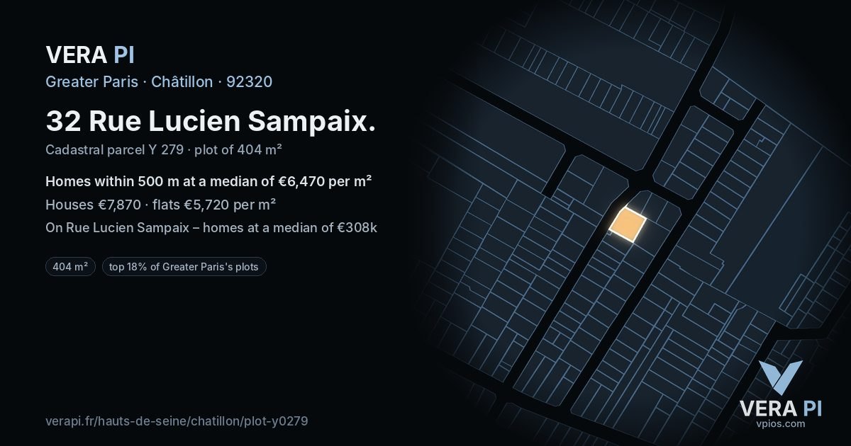 32 Rue Lucien Sampaix, Châtillon at night – the plot lit, the parcels around coloured by the prices near them