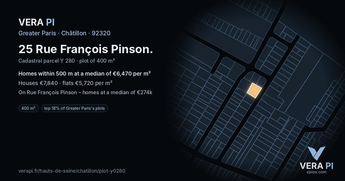 25 Rue François Pinson, Châtillon at night – the plot lit, the parcels around coloured by the prices near them
