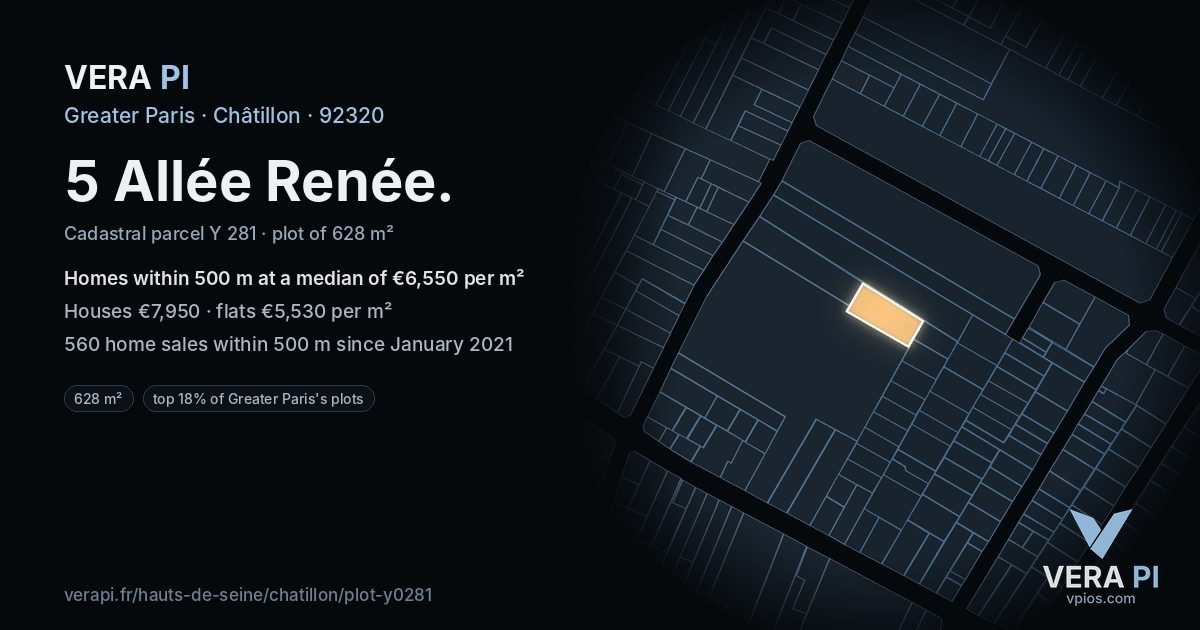 5 Allée Renée, Châtillon at night – the plot lit, the parcels around coloured by the prices near them