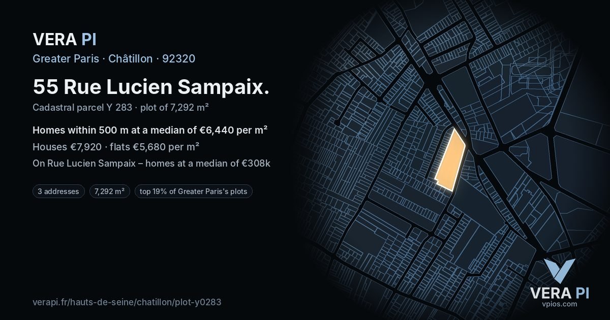 55 Rue Lucien Sampaix, Châtillon at night – the plot lit, the parcels around coloured by the prices near them