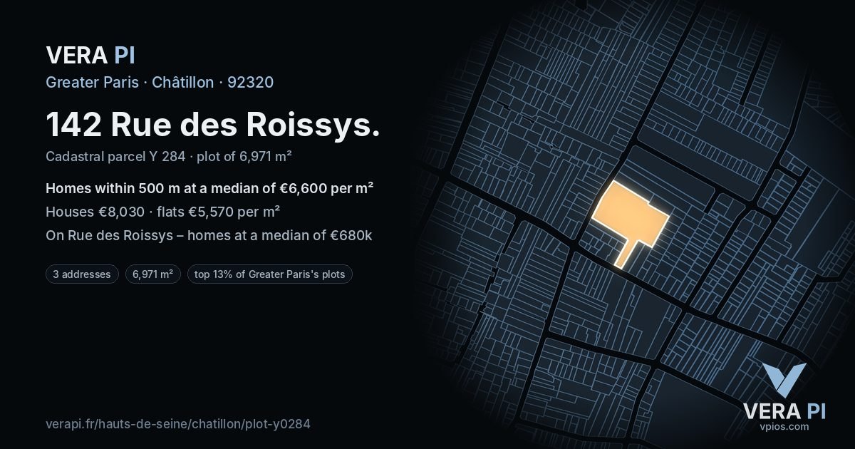 142 Rue des Roissys, Châtillon at night – the plot lit, the parcels around coloured by the prices near them