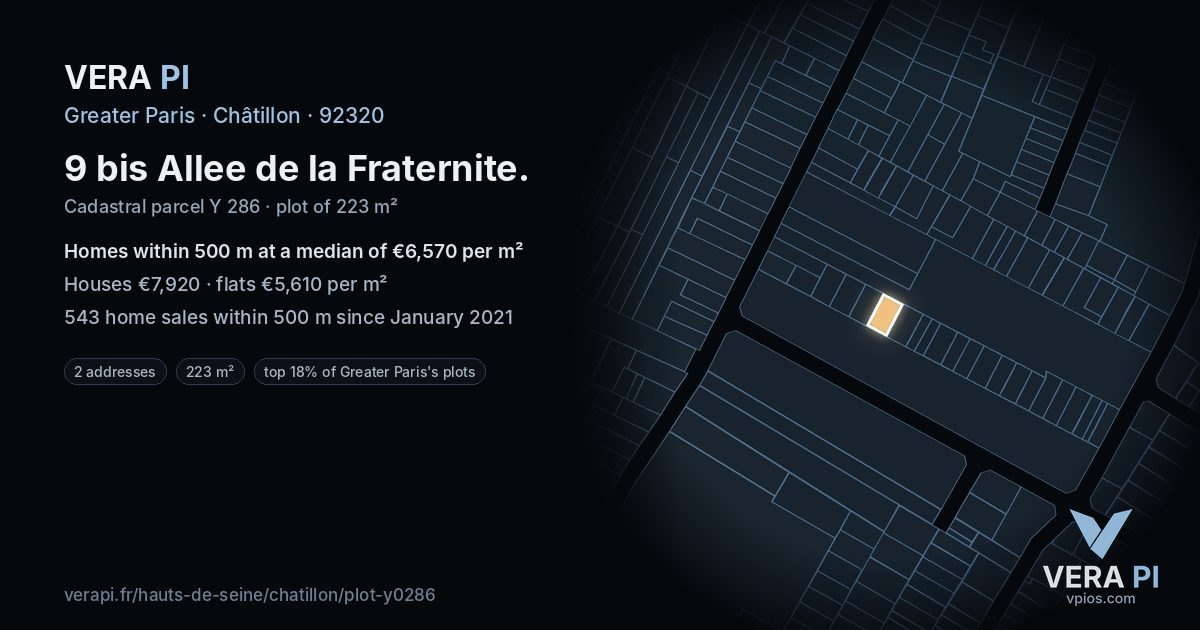 9 bis Allee de la Fraternite, Châtillon at night – the plot lit, the parcels around coloured by the prices near them