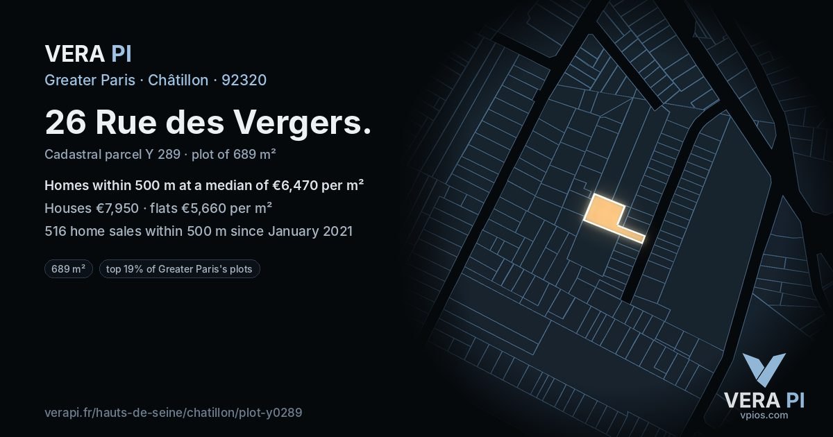 26 Rue des Vergers, Châtillon at night – the plot lit, the parcels around coloured by the prices near them