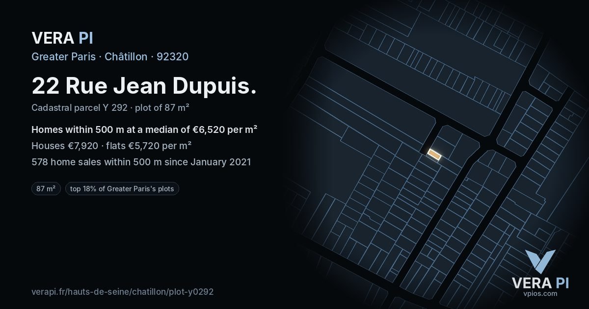 22 Rue Jean Dupuis, Châtillon at night – the plot lit, the parcels around coloured by the prices near them