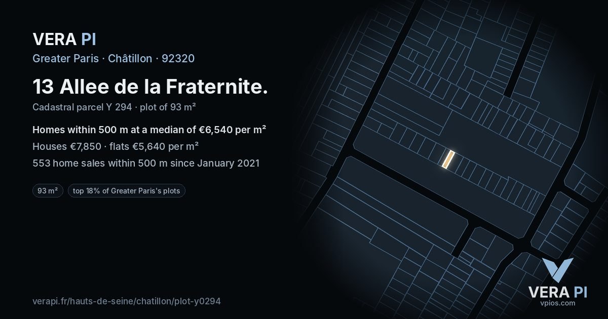 13 Allee de la Fraternite, Châtillon at night – the plot lit, the parcels around coloured by the prices near them