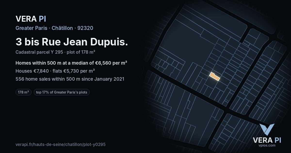 3 bis Rue Jean Dupuis, Châtillon at night – the plot lit, the parcels around coloured by the prices near them