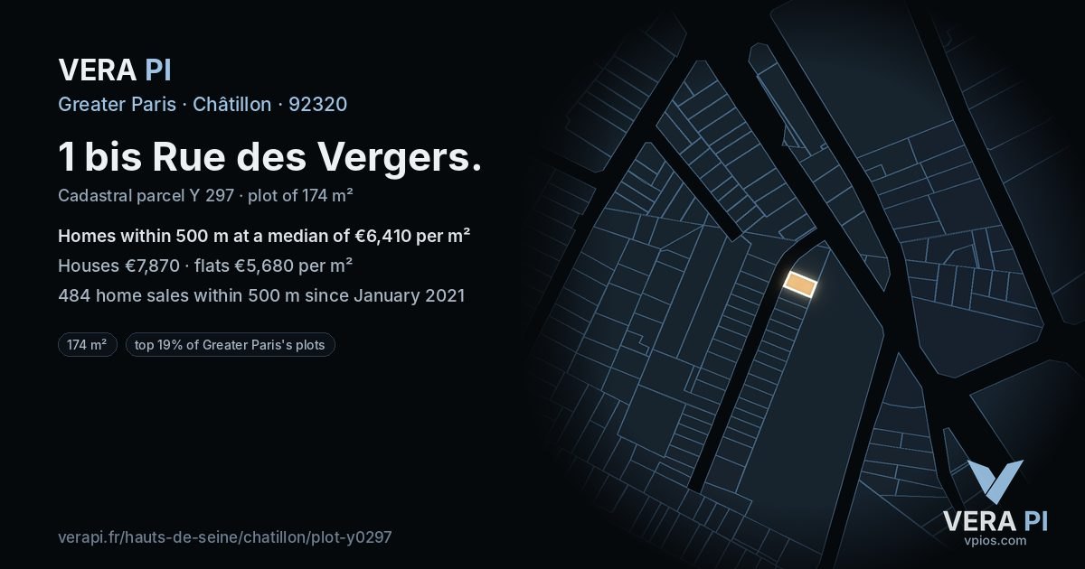 1 bis Rue des Vergers, Châtillon at night – the plot lit, the parcels around coloured by the prices near them