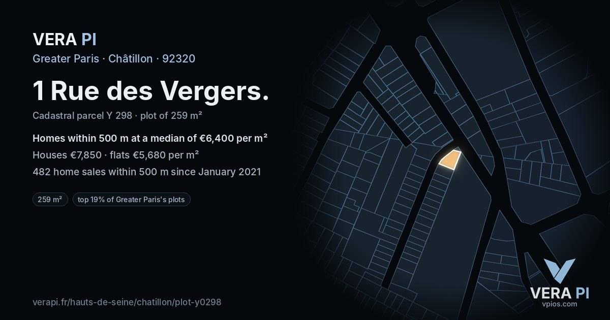 1 Rue des Vergers, Châtillon at night – the plot lit, the parcels around coloured by the prices near them