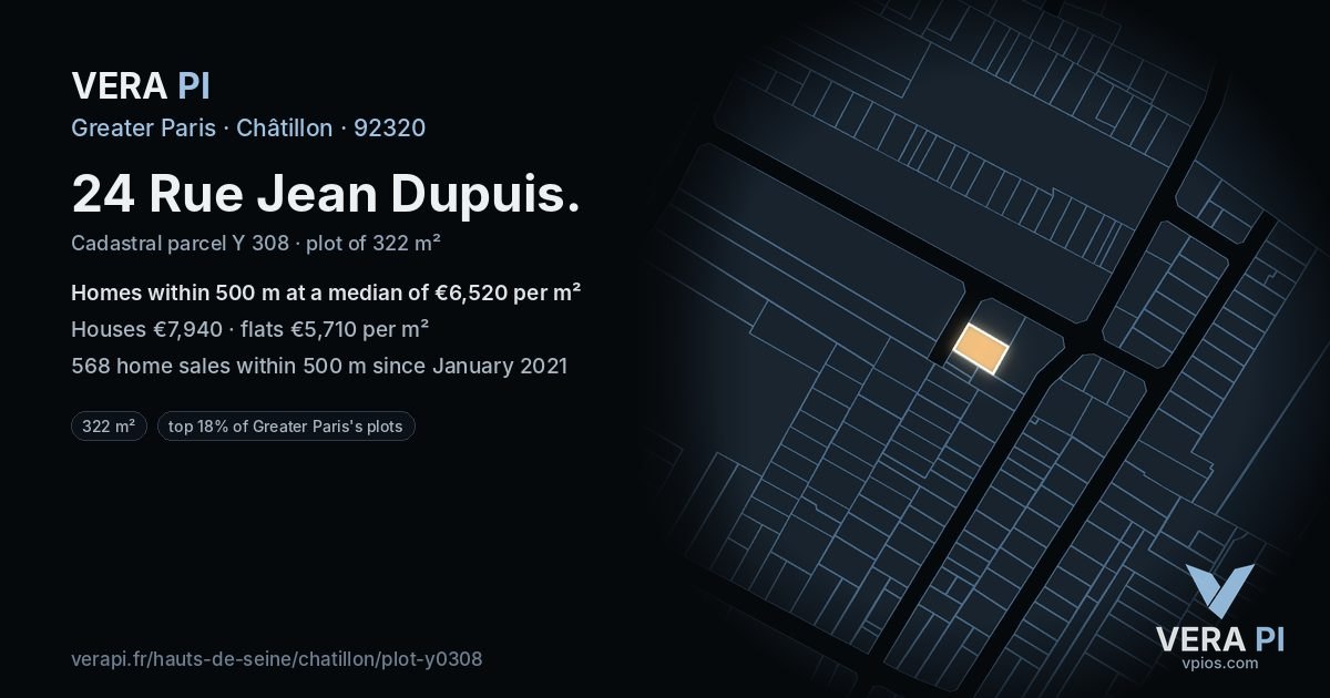 24 Rue Jean Dupuis, Châtillon at night – the plot lit, the parcels around coloured by the prices near them