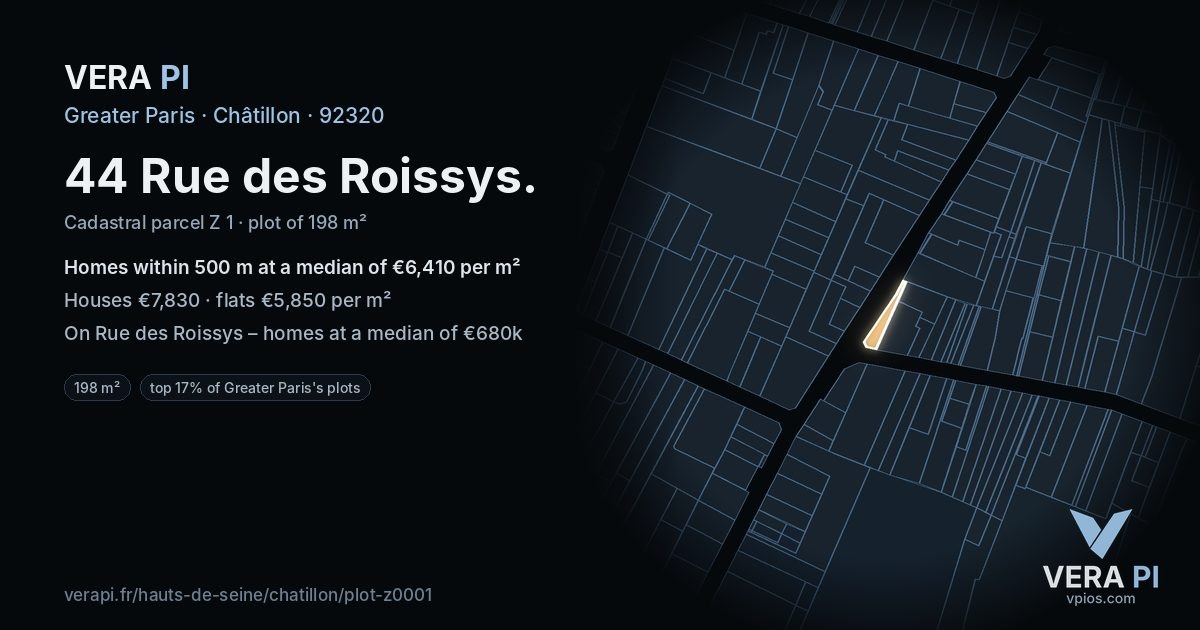 44 Rue des Roissys, Châtillon at night – the plot lit, the parcels around coloured by the prices near them