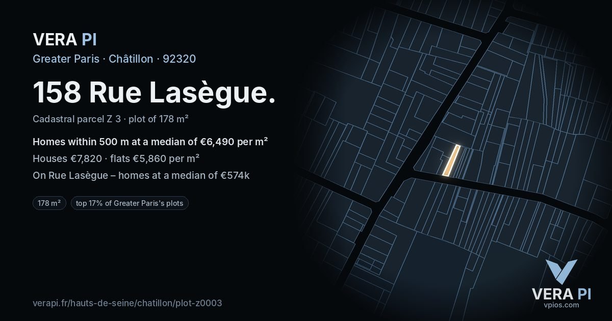 158 Rue Lasègue, Châtillon at night – the plot lit, the parcels around coloured by the prices near them