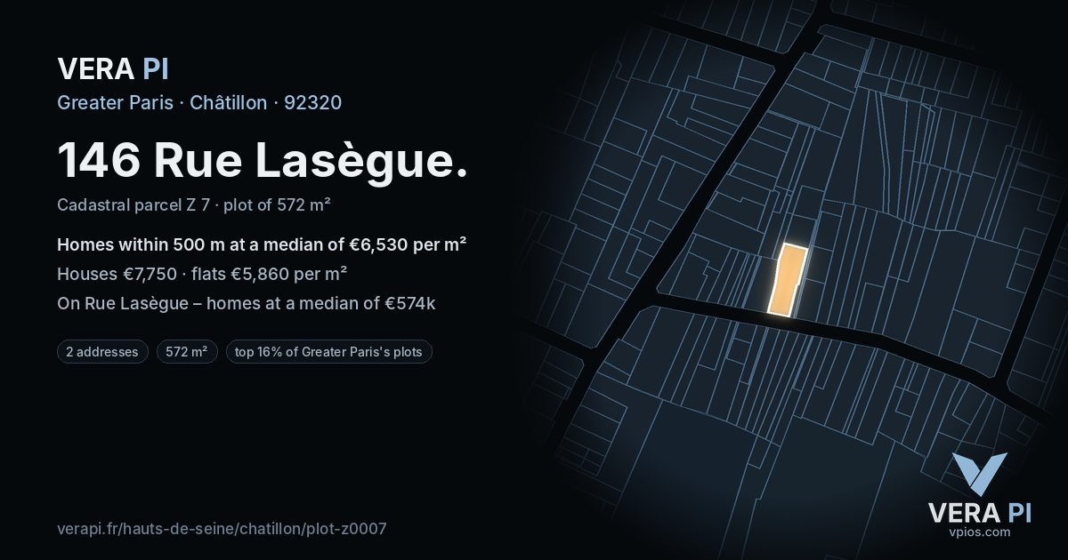 146 Rue Lasègue, Châtillon at night – the plot lit, the parcels around coloured by the prices near them