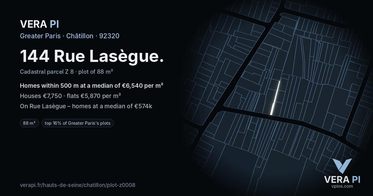 144 Rue Lasègue, Châtillon at night – the plot lit, the parcels around coloured by the prices near them
