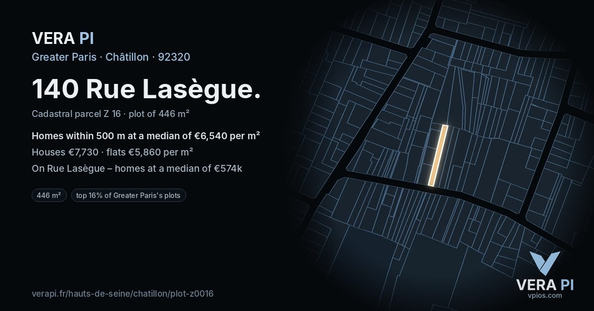 140 Rue Lasègue, Châtillon at night – the plot lit, the parcels around coloured by the prices near them