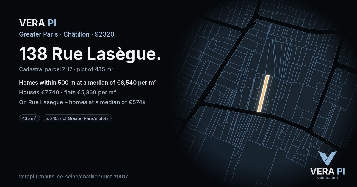 138 Rue Lasègue, Châtillon at night – the plot lit, the parcels around coloured by the prices near them