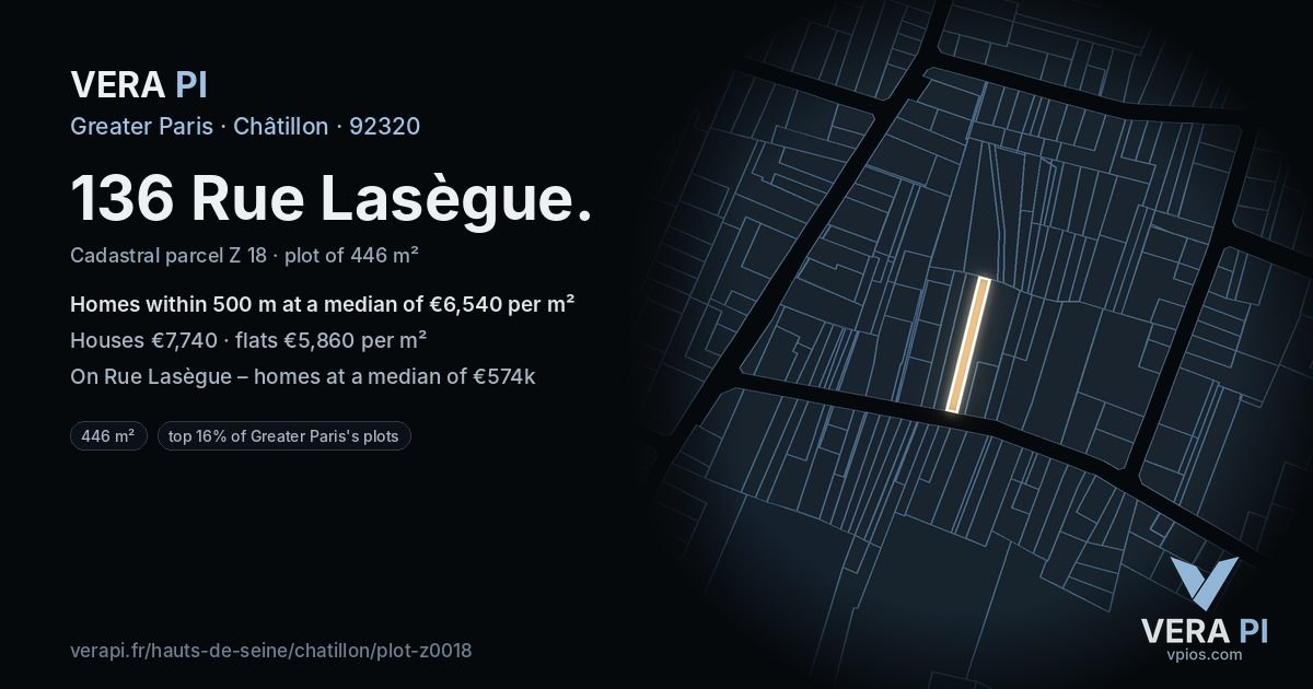 136 Rue Lasègue, Châtillon at night – the plot lit, the parcels around coloured by the prices near them