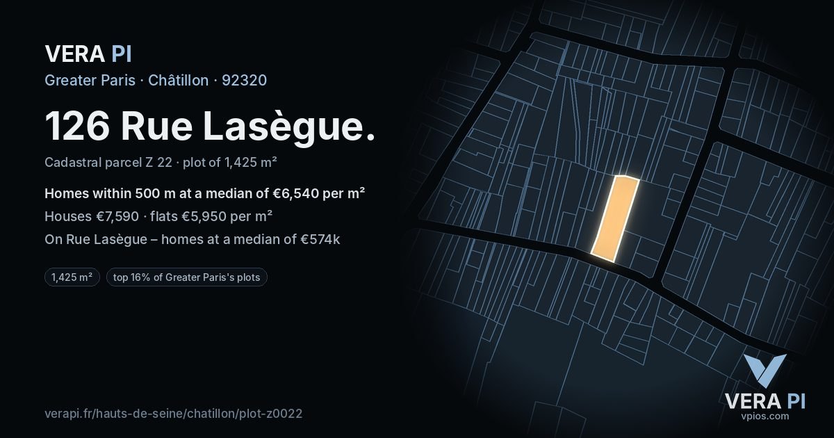 126 Rue Lasègue, Châtillon at night – the plot lit, the parcels around coloured by the prices near them