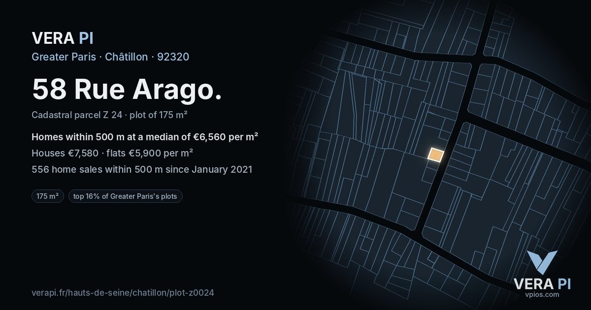 58 Rue Arago, Châtillon at night – the plot lit, the parcels around coloured by the prices near them