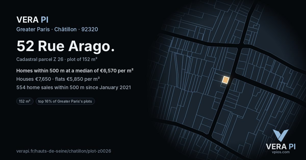 52 Rue Arago, Châtillon at night – the plot lit, the parcels around coloured by the prices near them