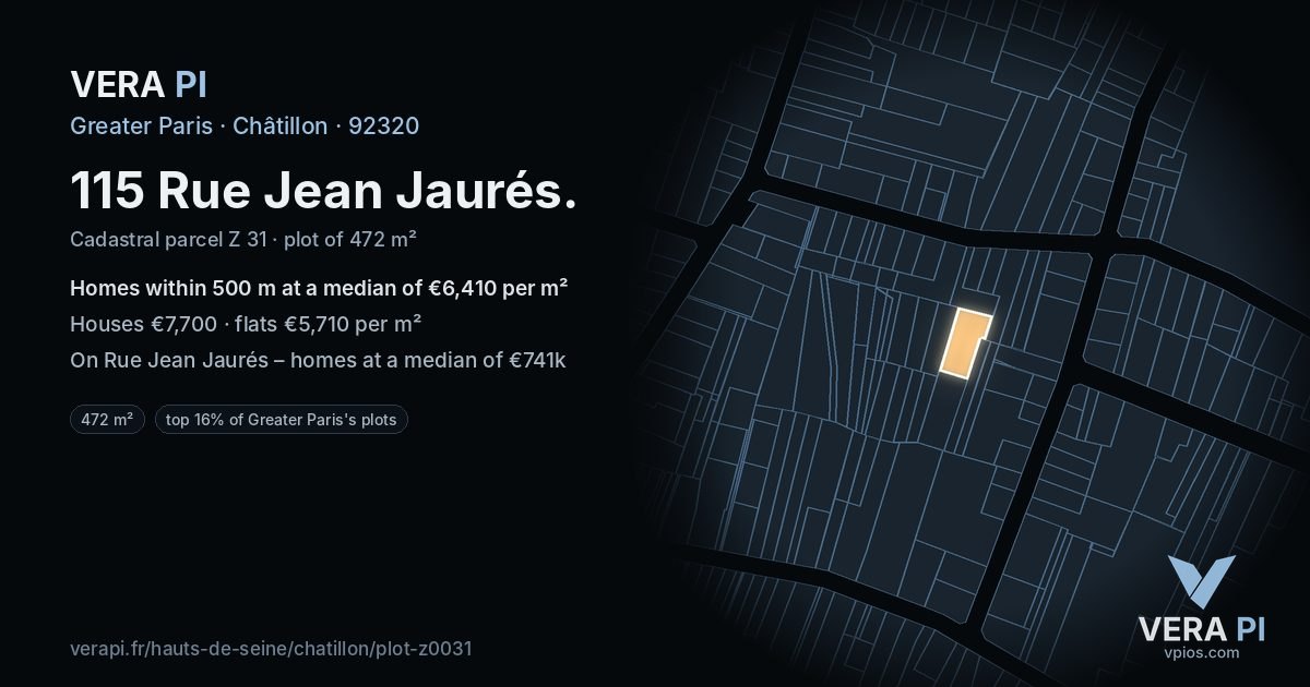 115 Rue Jean Jaurés, Châtillon at night – the plot lit, the parcels around coloured by the prices near them