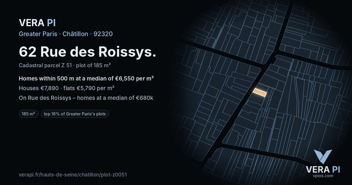 62 Rue des Roissys, Châtillon at night – the plot lit, the parcels around coloured by the prices near them