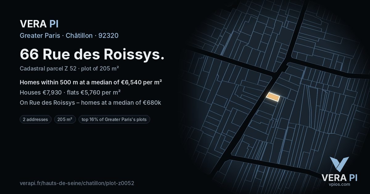 66 Rue des Roissys, Châtillon at night – the plot lit, the parcels around coloured by the prices near them