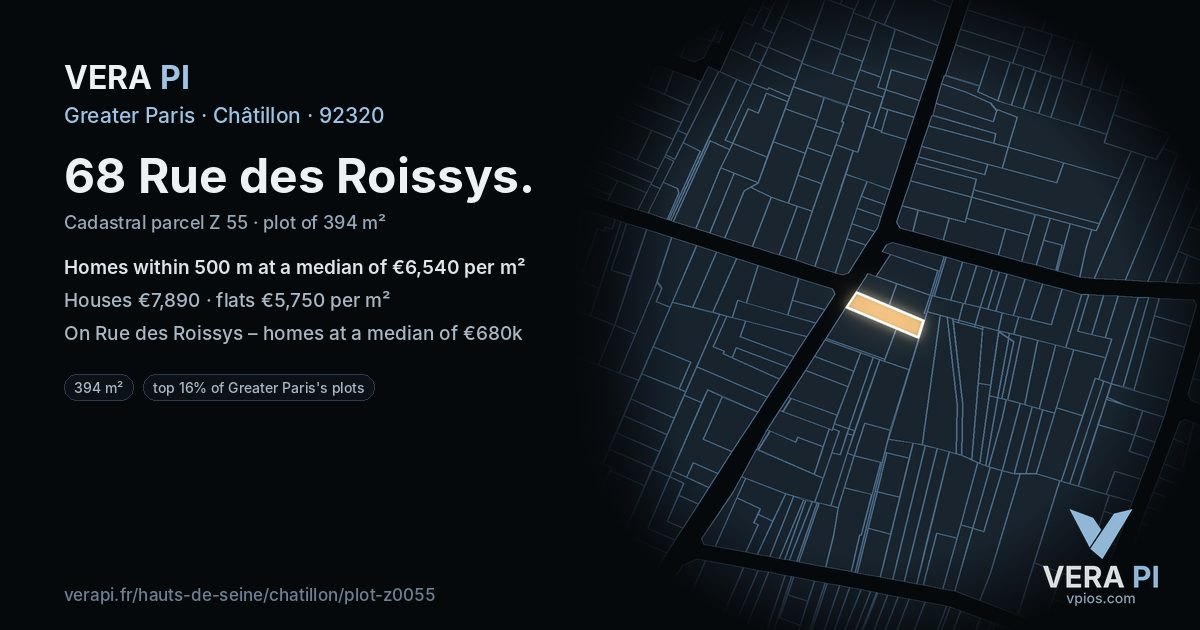 68 Rue des Roissys, Châtillon at night – the plot lit, the parcels around coloured by the prices near them