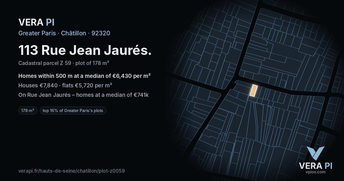 113 Rue Jean Jaurés, Châtillon at night – the plot lit, the parcels around coloured by the prices near them