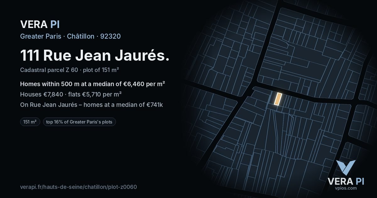 111 Rue Jean Jaurés, Châtillon at night – the plot lit, the parcels around coloured by the prices near them