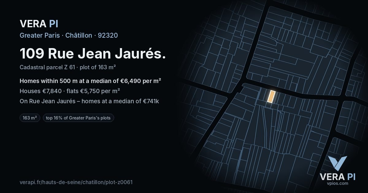 109 Rue Jean Jaurés, Châtillon at night – the plot lit, the parcels around coloured by the prices near them