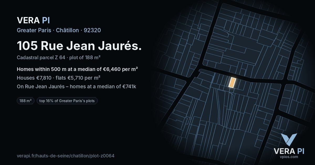 105 Rue Jean Jaurés, Châtillon at night – the plot lit, the parcels around coloured by the prices near them