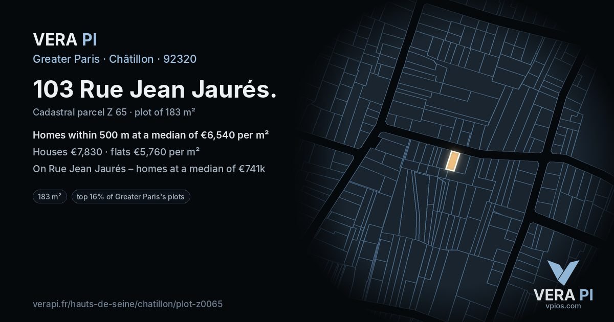 103 Rue Jean Jaurés, Châtillon at night – the plot lit, the parcels around coloured by the prices near them