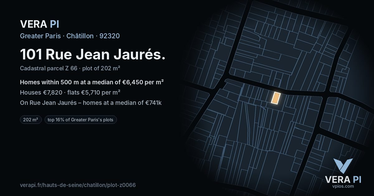 101 Rue Jean Jaurés, Châtillon at night – the plot lit, the parcels around coloured by the prices near them