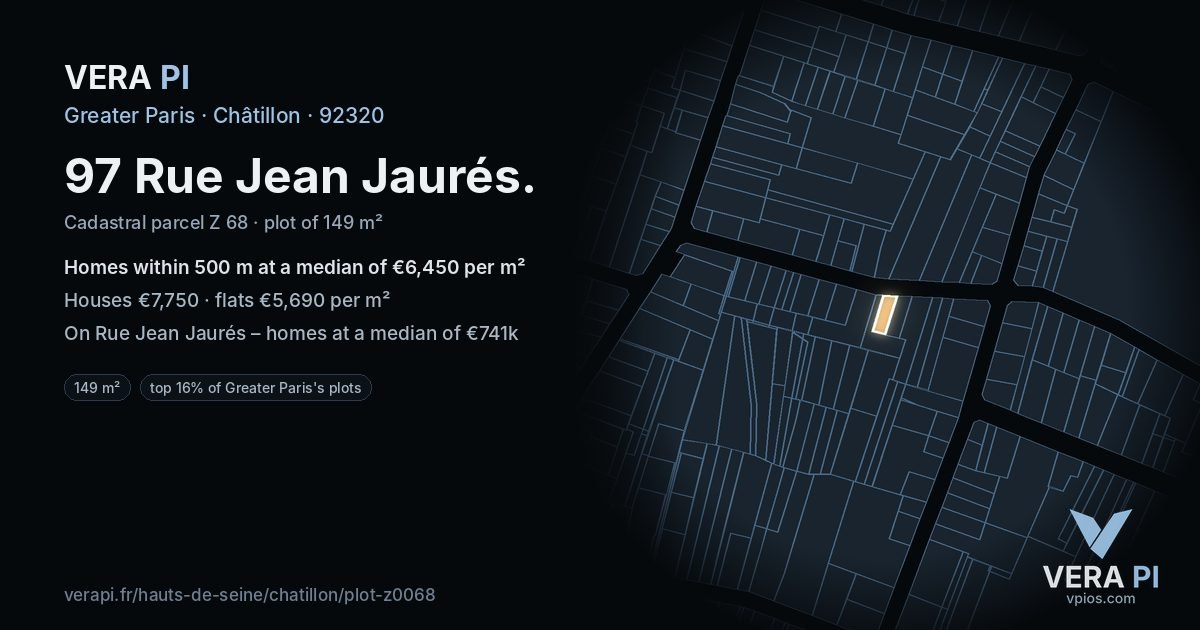 97 Rue Jean Jaurés, Châtillon at night – the plot lit, the parcels around coloured by the prices near them